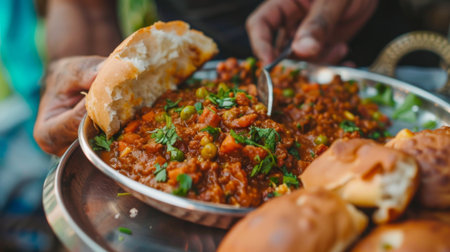 Person savoring a plate of Indian street food favorite pav bhaji with buttered buns and spicy vegetable curryの素材