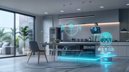 Smart home automation concept with voice-controlled virtual assistant controlling various appliancesの素材