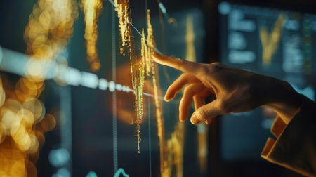 Person pointing at a projection screen displaying a gold price graph during a business presentationの素材