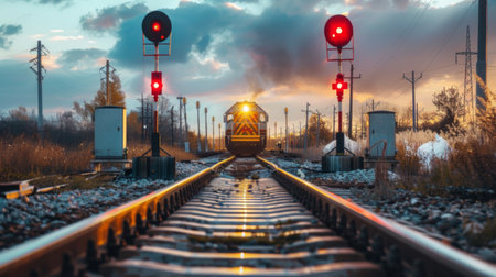 Train approaching a railway crossing with barriers down and warning lights flashingの素材