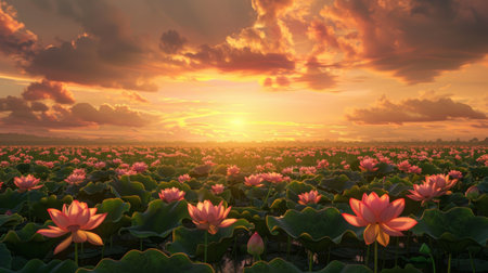 Sunrise over the horizon, casting a golden glow on a field of lotus flowers, creating a breathtaking sceneの素材