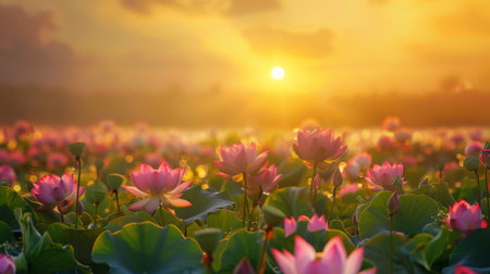 Sunrise over the horizon, casting a golden glow on a field of lotus flowers, creating a breathtaking sceneの素材
