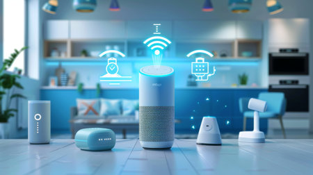 Smart home automation concept with voice-controlled virtual assistant controlling various appliancesの素材
