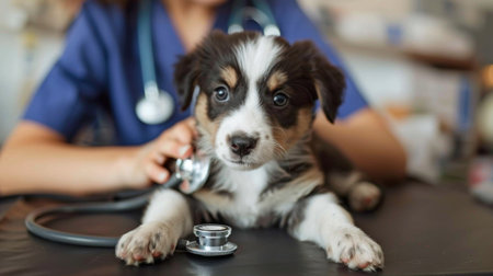 Veterinarian examining a cute puppy with a stethoscope during a routine check-upの素材
