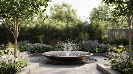 Tranquil meditation garden with a bubbling fountain as the centerpiece, providing a serene atmosphere for reflectionの素材