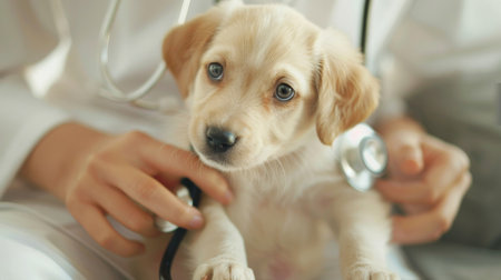 Veterinarian examining a cute puppy with a stethoscope during a routine check-upの素材
