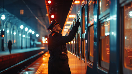 Train conductor announcing departure and arrival times over the public address system at a stationの素材