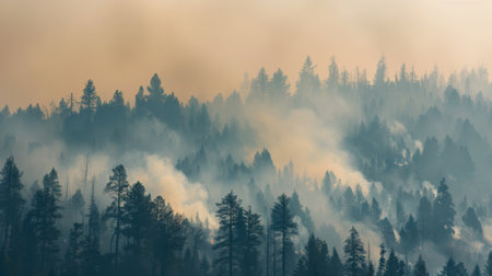 Smoky haze enveloping a forest during a wildfire, reducing visibility and posing health risksの素材
