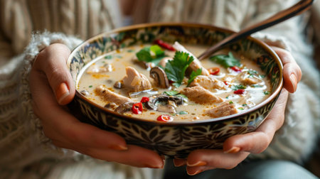 Woman enjoying a bowl of creamy Thai coconut soup (tom kha gai) with chicken and mushroomsの素材