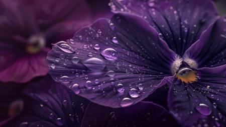 Water droplets resting on the velvety surface of a purple pansy, enhancing its beauty with shimmering reflectionsの素材