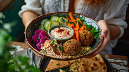 Woman enjoying a plate of Middle Eastern falafel with tahini sauce, pickled vegetables, and flatbreadの素材