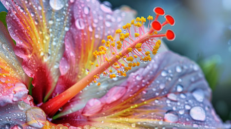 Water droplets clinging to the delicate filaments of a purple iris, resembling glistening pearlsの素材