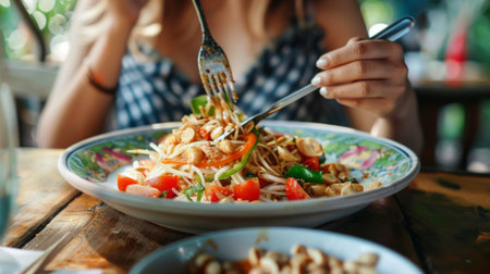 Woman enjoying a plate of spicy Thai papaya salad (som tam) with peanuts, tomatoes, and chiliの素材