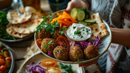 Woman enjoying a plate of Middle Eastern falafel with tahini sauce, pickled vegetables, and flatbreadの素材