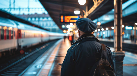 Train conductor announcing departure and arrival times over the public address system at a stationの素材