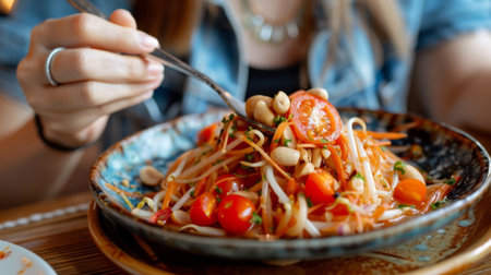 Woman enjoying a plate of spicy Thai papaya salad (som tam) with peanuts, tomatoes, and chiliの素材
