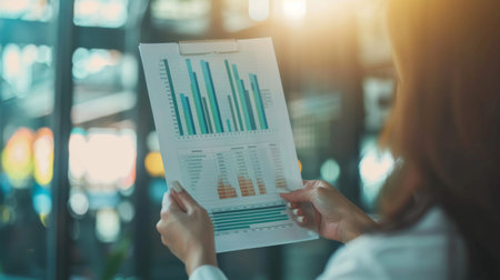 Close-up of hands holding a report with a bar chart showing energy consumption data in an environmental research centerの素材