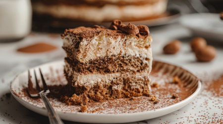 Close-up of a slice of decadent tiramisu cake dusted with cocoa powder and coffee liqueurの素材