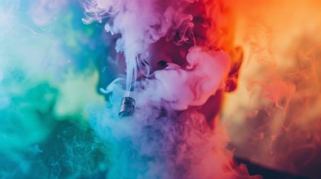 Close-up of colorful smoke rings floating in the air, created by a person vaping with flavored e-liquidの素材