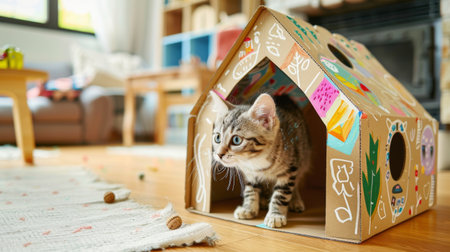 DIY cardboard cat house decorated with colorful drawings, with a cat playing insideの素材