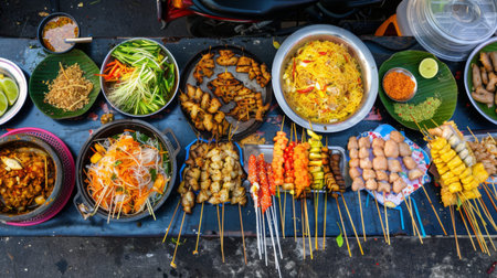 High-angle view of a colorful spread of traditional Thai street food, including pad thai, som tam, and satayの素材