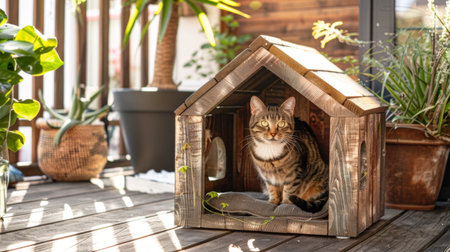 Handcrafted wooden cat house with a rustic design, placed on a patio, with a cat insideの素材
