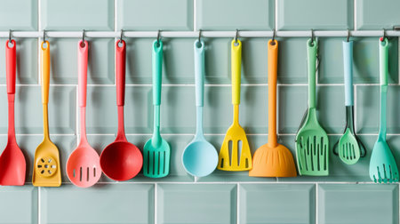 High-angle view of a colorful set of silicone kitchen utensils hanging on hooks against a tiled backsplashの素材