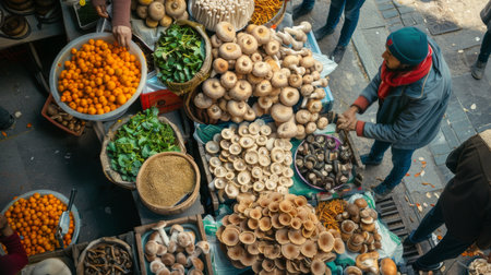 High-angle view of a mushroom vendor selling their produce at a bustling street marketの素材