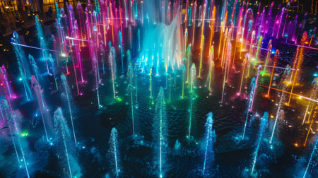 High-angle view of a colorful water fountain illuminated by vibrant lights at night, creating a mesmerizing displayの素材