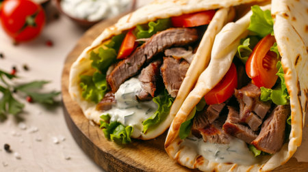 High-angle view of a Greek gyro sandwich with sliced lamb, tzatziki sauce, lettuce, and tomato wrapped in pita breadの素材