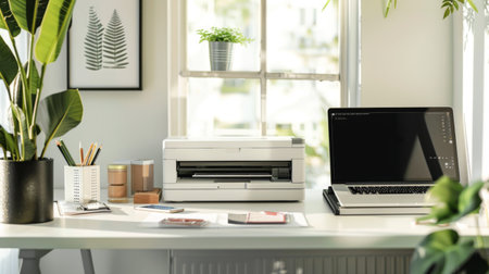 High-angle view of a home office setup with a laptop, printer, and office supplies on a work deskの素材