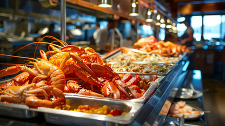 High-angle view of a seafood buffet featuring whole lobsters, crab legs, and shrimp, ready for indulgenceの素材