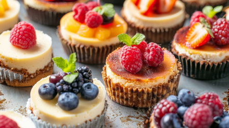 High-angle view of a tray of assorted mini cheesecakes with different fruit toppingsの素材