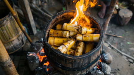 High-angle view of bamboo shoots being cooked in a traditional bamboo cooker over an open flameの素材