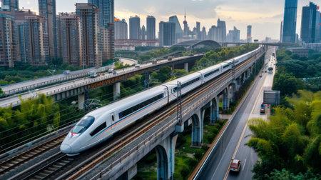 High-speed train passing through a modern railway bridge over a busy highwayの素材