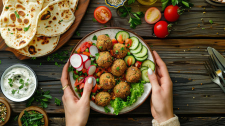 Woman enjoying a plate of Middle Eastern falafel with tahini sauce, pickled vegetables, and flatbreadの素材