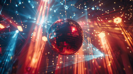 Light beams reflecting off a disco ball in a nightclub, creating a lively and vibrant atmosphereの素材