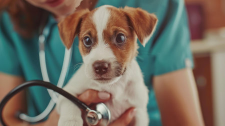 Veterinarian examining a cute puppy with a stethoscope during a routine check-upの素材