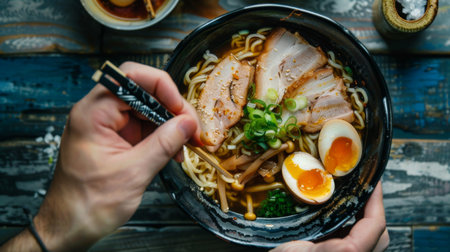 Person enjoying a traditional Japanese ramen noodle soup with sliced pork, bamboo shoots, and soft-boiled eggの素材