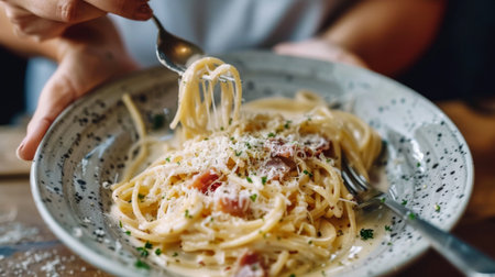 Person enjoying a traditional Italian spaghetti carbonara with creamy sauce, pancetta, and grated cheeseの素材