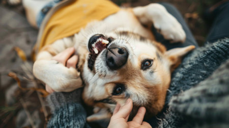 Person giving belly rubs to a smiling dog lying on its back, enjoying the attentionの素材