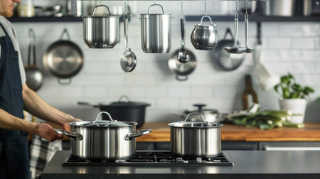 Person arranging stainless steel pots and pans neatly on a hanging rack above a kitchen islandの素材