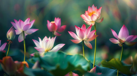 Vibrant lotus flowers swaying gently in the breeze, creating a mesmerizing dance of colorsの素材
