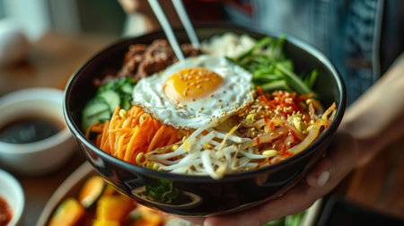 Person indulging in a traditional Korean bibimbap with mixed vegetables, beef, fried egg, and spicy gochujang sauceの素材