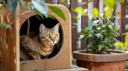 Outdoor cat shelter made of durable materials, with a cat curiously inspecting itの素材