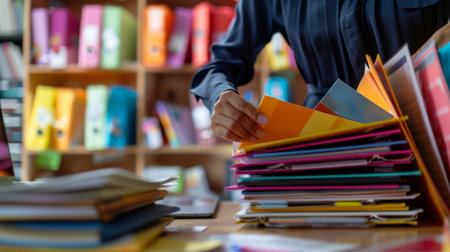Person organizing documents and files in folders on a neat and tidy work deskの素材