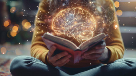 Person reading a book with brain illustrations, symbolizing the connection between reading and brain developmentの素材