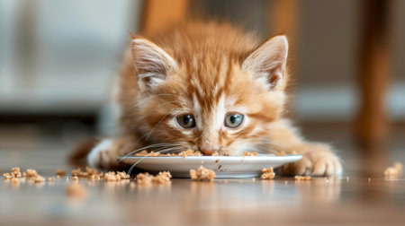 Orange tabby kitten eating wet food from a saucer, making a delightful messの素材