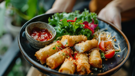 Person savoring a plate of crispy Thai spring rolls (por pia tod) with sweet chili dipping sauceの素材