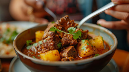 Person savoring a bowl of spicy Indian lamb vindaloo curry with tender chunks of meat and potatoesの素材